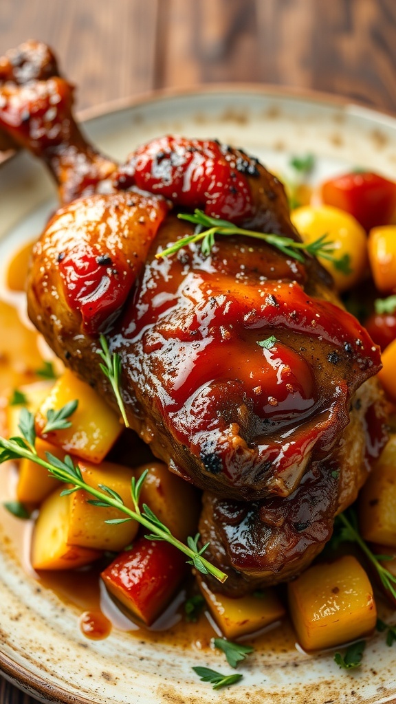A plate of duck confit with crispy skin and tender meat, served with roasted vegetables.